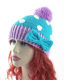 Turquoise, Lilac and White or Custom Colour Polka Dot Pom Pom Beanie with Bow Detail - Kawaii Sweet Lolita Hat by VelvetVolcano