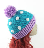 Turquoise, Lilac and White or Custom Colour Polka Dot Pom Pom Beanie with Bow Detail - Kawaii Sweet Lolita Hat by VelvetVolcano