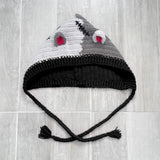 CorpseKitty (FrankenKitty) Pixie Hood - Crochet Pointed Hood with Cat Ears and Frankenstein's Monster Inspired Design made from 100% Acrylic Yarn in Light Grey, Dark Grey, Black and Cerise Pink by VelvetVolcano