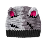 Half light grey and half dark grey cat ear crochet beanie inspired by zombie cats and Frankenstein's Monster - CorpseKitty Beanie by VelvetVolcano
