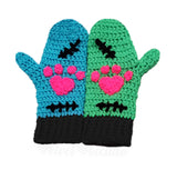 FrankenKitty Mittens by VelvetVolcano. One mitten is Turquoise and the other is Neon Green and they feature either Neon Pink or Black cuffs, black embroidered stitch designs and neon pink heart shaped paw prints.