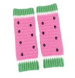 A pair of bubblegum pink crochet leg warmers designed to look like watermelon with white and pastel green cuffs for the rind and sewn on black rhinestone seeds. Custom Colour Watermelon Leg Warmers by VelvetVolcano