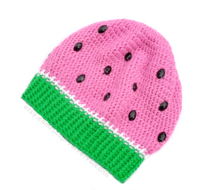 Bubblegum pink, white and neon green crochet slouch hat in a fruit / melon design with black rhinestone seeds. Watermelon Slouchy Beanie (Custom Colour) by VelvetVolcano