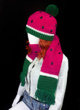 Cerise / Hot Pink, White and Emerald Green fruit / melon themed bobble hat with black rhinestone seeds. Watermelon Pom Pom Beanie (Custom Colour) by VelvetVolcano