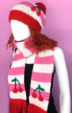 Bubblegum Pink, White & Red Striped Slouchy Crochet Pom Pom Beanie with Cherry Motif by VelvetVolcano