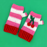 Cherry Stripe Fingerless Gloves - Bubblegum Pink, White & Red Crochet Hand Warmers with Cherry Design by VelvetVolcano