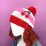 Bubblegum Pink, White & Red Striped Slouchy Crochet Pom Pom Beanie with Cherry Motif by VelvetVolcano