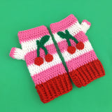 Cherry Stripe Fingerless Gloves - Bubblegum Pink, White & Red Crochet Hand Warmers with Cherry Design by VelvetVolcano