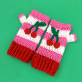 Cherry Stripe Fingerless Gloves - Bubblegum Pink, White & Red Crochet Hand Warmers with Cherry Design by VelvetVolcano