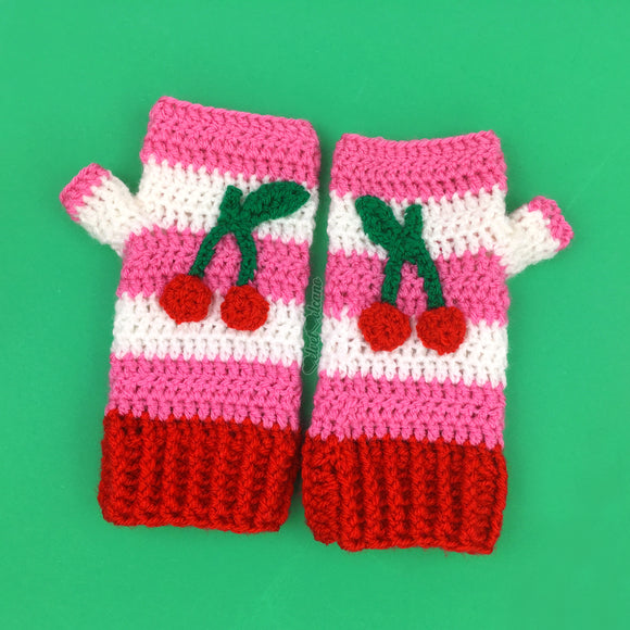 Cherry Stripe Fingerless Gloves - Bubblegum Pink, White & Red Crochet Hand Warmers with Cherry Design by VelvetVolcano