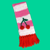 Cherry Stripe Scarf - Bubblegum Pink, White and Red Crochet Scarf with Tassels and Cherry Detail by VelvetVolcano