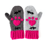 Grey crochet mittens with heart shaped cat paws designed to look like reanimated kitties / zombie cats inspired by Frankenstein's Monster - CorpseKitty Mittens by VelvetVolcano