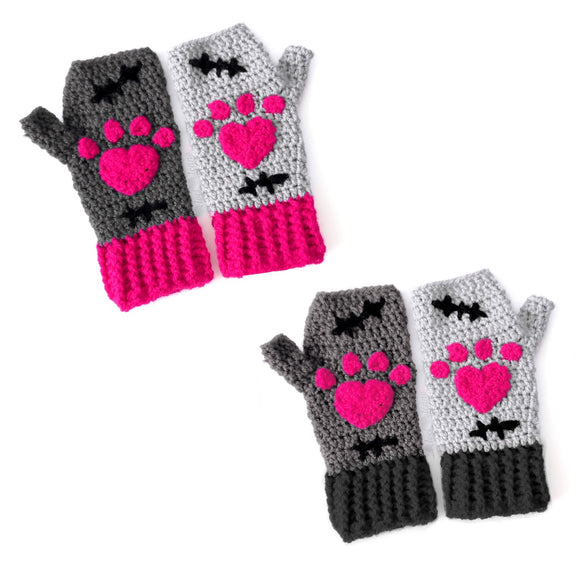 CorpseKitty Fingerless Gloves - Grey, Black & Hot Pink Frankensteins Monster & Zombie Cat Inspired Hand Warmers by VelvetVolcano