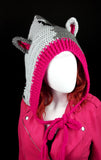 CorpseKitty (FrankenKitty) Pixie Hood - Crochet Pointed Hood with Cat Ears and Frankenstein's Monster Inspired Design made from 100% Acrylic Yarn in Light Grey, Dark Grey, Black and Cerise Pink by VelvetVolcano