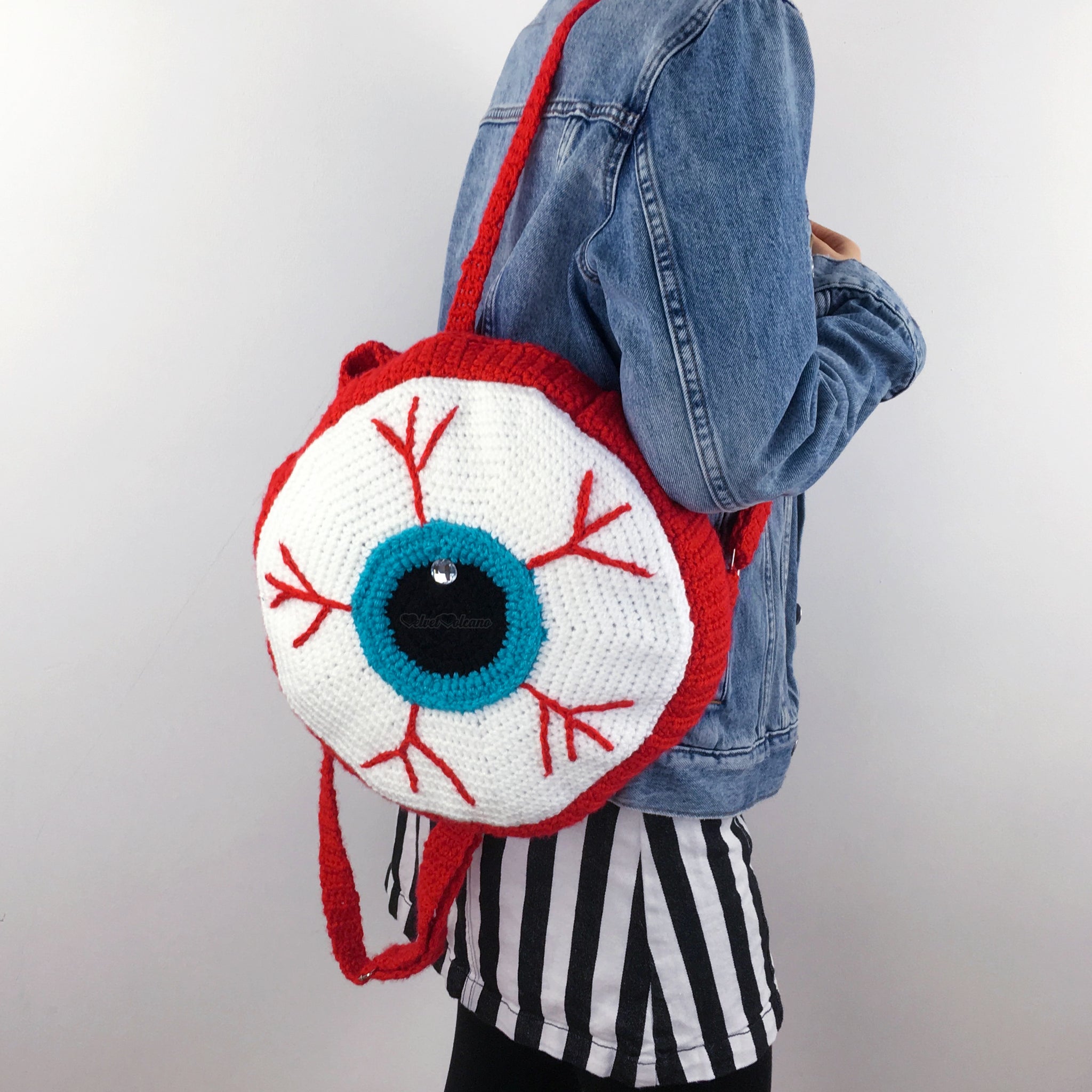 Eye See You Backpack Crochet Spooky Eyeball Circle Bag Rucksack by VelvetVolcano