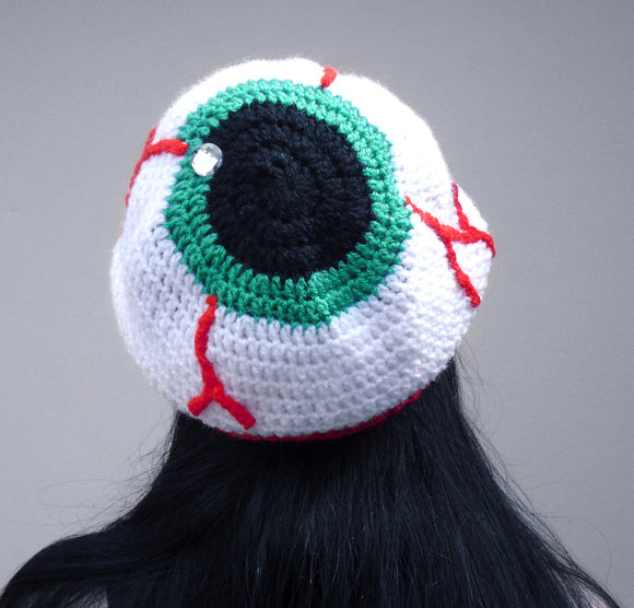 Eye See You Slouchy Eyeball Beanie with Emerald Iris - Crocheted Spooky Halloween Hat by VelvetVolcano