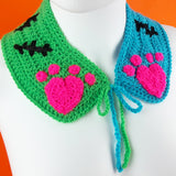 FrankenKitty Collar - Crochet Turquoise, Neon Green, Neon Pink & Black Detachable Peter Pan Collar with Cat Paw Motifs - Frankensteins Monster Inspired Kitty Collar by VelvetVolcano