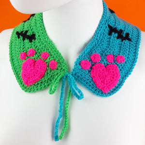 FrankenKitty Collar - Crochet Turquoise, Neon Green, Neon Pink & Black Detachable Peter Pan Collar with Cat Paw Motifs - Frankensteins Monster Inspired Kitty Collar by VelvetVolcano