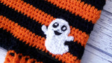 Crochet Orange & Black Striped Baby Dungarees with BOO! Chest Pocket and Ghost Applique by VelvetVolcano