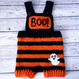 Crochet Orange & Black Striped Baby Dungarees with BOO! Chest Pocket and Ghost Applique by VelvetVolcano