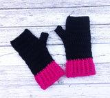 Black crochet hand warmers with hot pink heart design and hot pink cuffs. Heart Fingerless Gloves by VelvetVolcano