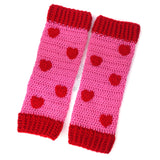 Bubblegum pink crochet leg warmers with red heart pattern and red cuffs by VelvetVolcano. 