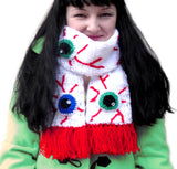 Eye See You Scarf - White Wraparound Crochet Winter Scarf with Spooky Eyeball Pattern and Red Tassels by VelvetVolcano