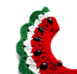 A red, white and green frilly crochet detachable collar designed to look like a melon with black rhinestone seeds. Watermelon Collar (Custom Colour) by VelvetVolcano