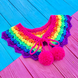 Neon Rainbow Striped Lacy Crocheted Detachable Collar with Pom Pom Ties by VelvetVolcano