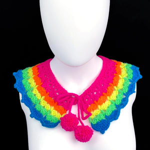 Neon Rainbow Striped Lacy Crocheted Detachable Collar with Pom Pom Ties by VelvetVolcano