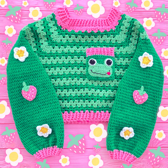 Pastel Green, Bubblegum Pink & Grass Green Cropped Crochet Frog, Strawberry and Daisy Sweater - Kawaii Cottagecore Handmade Jumper by VelvetVolcano