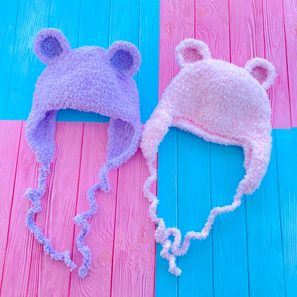 Lilac & Baby Pink Fuzzy Teddy Bear Earflap Beanies - Kawaii Pastel Crochet Bear Ear Hats by VelvetVolcano