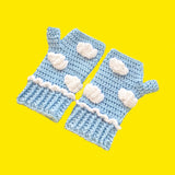 Pastel Blue crochet gloves with white cloud pattern and white frill at the top of the cuffs by VelvetVolcano