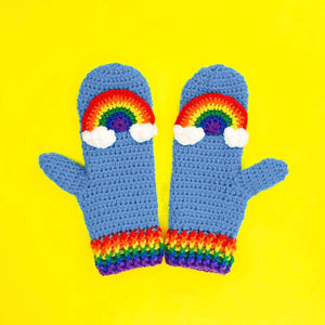 Grey blue crochet mittens with rainbows striped cuffs and rainbow and cloud motifs by VelvetVolcano