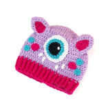 Crochet Cyclops Kitty Beanie for Babies and Children - Cute Lilac, Turquoise & Hot Pink Kids Monster Hat with Cat Ears