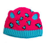 Neon Pink, Turquoise and Black Leopard Print Kitty Ear Crochet Beanie by VelvetVolcano