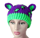 Violet, Neon Green and Black Leopard Print Kitty Ear Crochet Beanie by VelvetVolcano