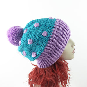 Turquoise and Lilac spotted crochet bobble hat. Super Slouchy Polka Dot Pom Pom Beanie (Custom Colour) by VelvetVolcano