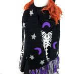 Celestial Crescent Moon & Stars Pattern Chunky Crochet Scarf with Tassels in Black, Purple and Grey by VelvetVolcano