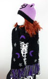 Celestial Crescent Moon & Stars Pattern Chunky Crochet Scarf with Tassels in Black, Purple and Grey by VelvetVolcano