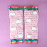 Kawaii, Fairy Kei, Cute Baby Pink Crochet Leg Warmers with White Cloud Pattern and Pastel Rainbow Striped Cuffs (Bubblegum Pink, Daffodil Yellow, Spearmint Green, Turquoise and Lilac) by VelvetVolcano