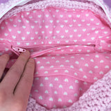 Bubblegum pink and white heart print lining for VelvetVolcano Bag