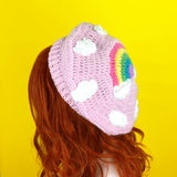 Pastel Rainbow Cloud Beret - Teen Girls and Womens Baby Pink Crochet Hat with Pastel Rainbow Cloud Motif and Repeating White Cloud Pattern by VelvetVolcano