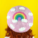 Pastel Rainbow Cloud Beret - Teen Girls and Womens Baby Pink Crochet Hat with Pastel Rainbow Cloud Motif and Repeating White Cloud Pattern by VelvetVolcano