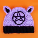 Lilac and Black cat ear hat with pentagram motif. Witchy Kitty Beanie (Custom Colour) by VelvetVolcano