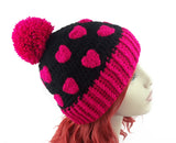 Hot Pink & Black Heart Print Pom Pom Acrylic Crochet Beanie by VelvetVolcano