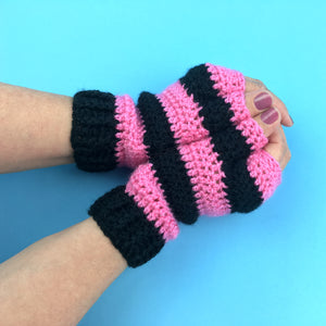 VelvetVolcano Bubblegum Pink & Black Striped Fingerless Gloves crocheted from acrylic yarn