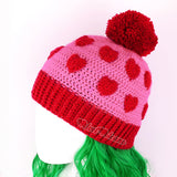 Rose Red & Bubblegum Pink Heart Print Pom Pom Acrylic Crochet Beanie by VelvetVolcano