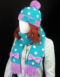 Polka Dot Fitted Beanie with Pom Pom and Bow Detail in Turquoise, Lilac and White and matching Polka Dot Scarf with Tassels and Bow Detail by VelvetVolcano