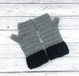 Slate Grey crochet hand warmers with Burgundy and Black polka dot pattern, Black cuffs and a Burgundy bow in the centre of the cuff. Polka Dot Bow Fingerless Gloves (Custom Colour) by VelvetVolcano